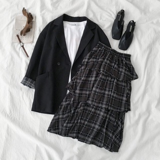 Set Áo vest và chân váy tầng caro Ulzzang