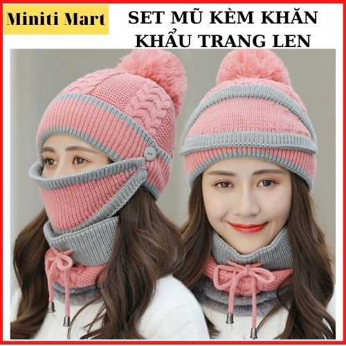 Set Mũ Len Nữ Kèm Khẩu Trang Khăn Quàng 3.1, Sét Nón Len, Combo Mũ Len+Khẩu Trang Khăn Quàng Phong Cách Hàn Quốc Unisex