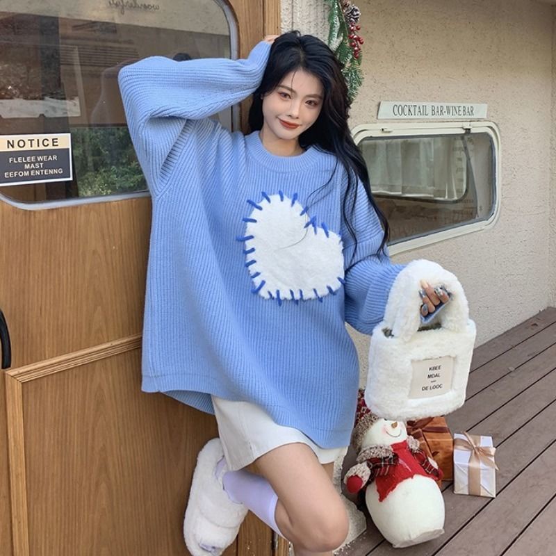 Áo Sweater Dệt Kim Cổ Tròn Dáng Rộng In Hình Trái Tim Xinh Xắn Cho Nữ