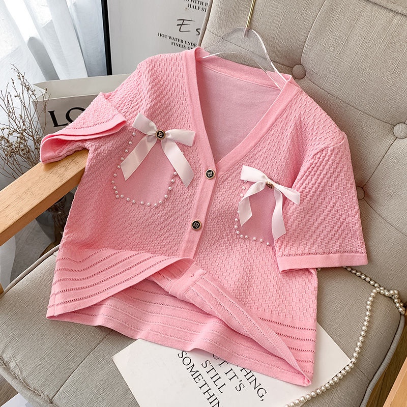 Áo Khoác cardigan Cổ Chữ V Phối Túi Đính Nơ Xinh Xắn Thời Trang