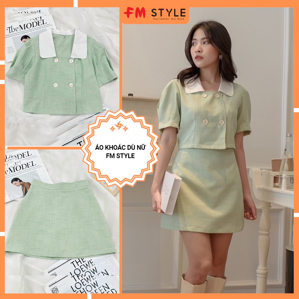 Set đồ nữ FM Style áo kiểu cổ bẻ 2 hàng nút phối chân váy ngắn vintage thời trang nữ tính 220129402