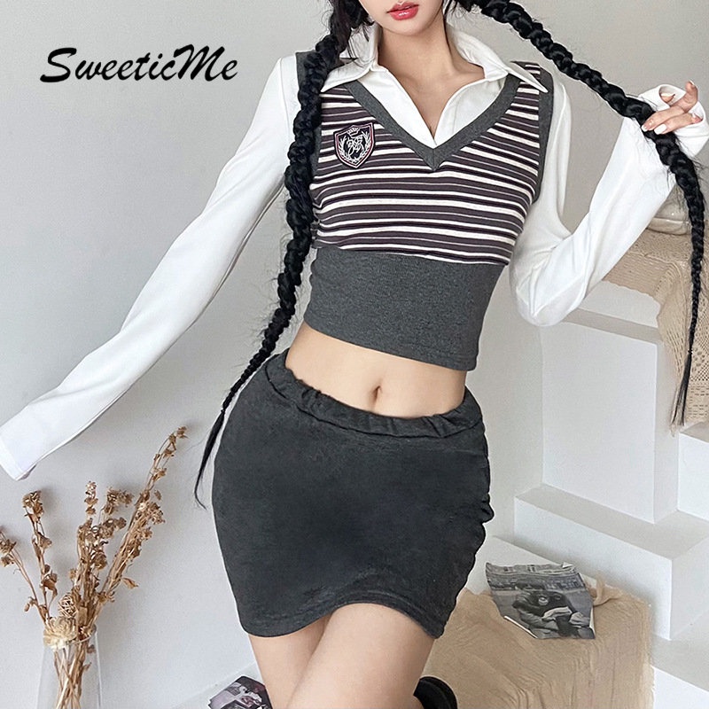 Áo Thun Polo Tay Dài Cổ Bẻ Dáng Ôm In Họa Tiết Kẻ Sọc Thời Trang   Dành Cho Bạn Nữ