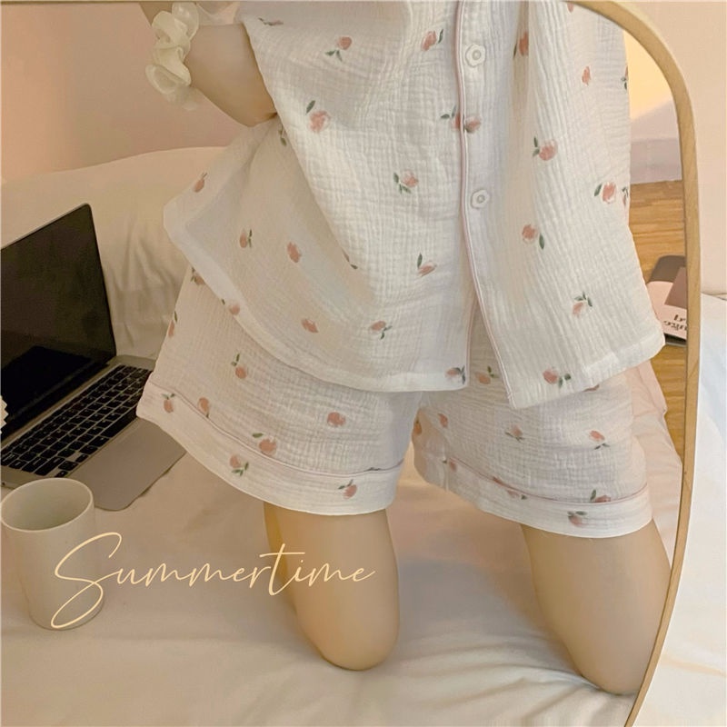 Bộ Đồ Ngủ Tay Ngắn In Họa Tiết Đơn Giản Thời Trang Hàn Quốc