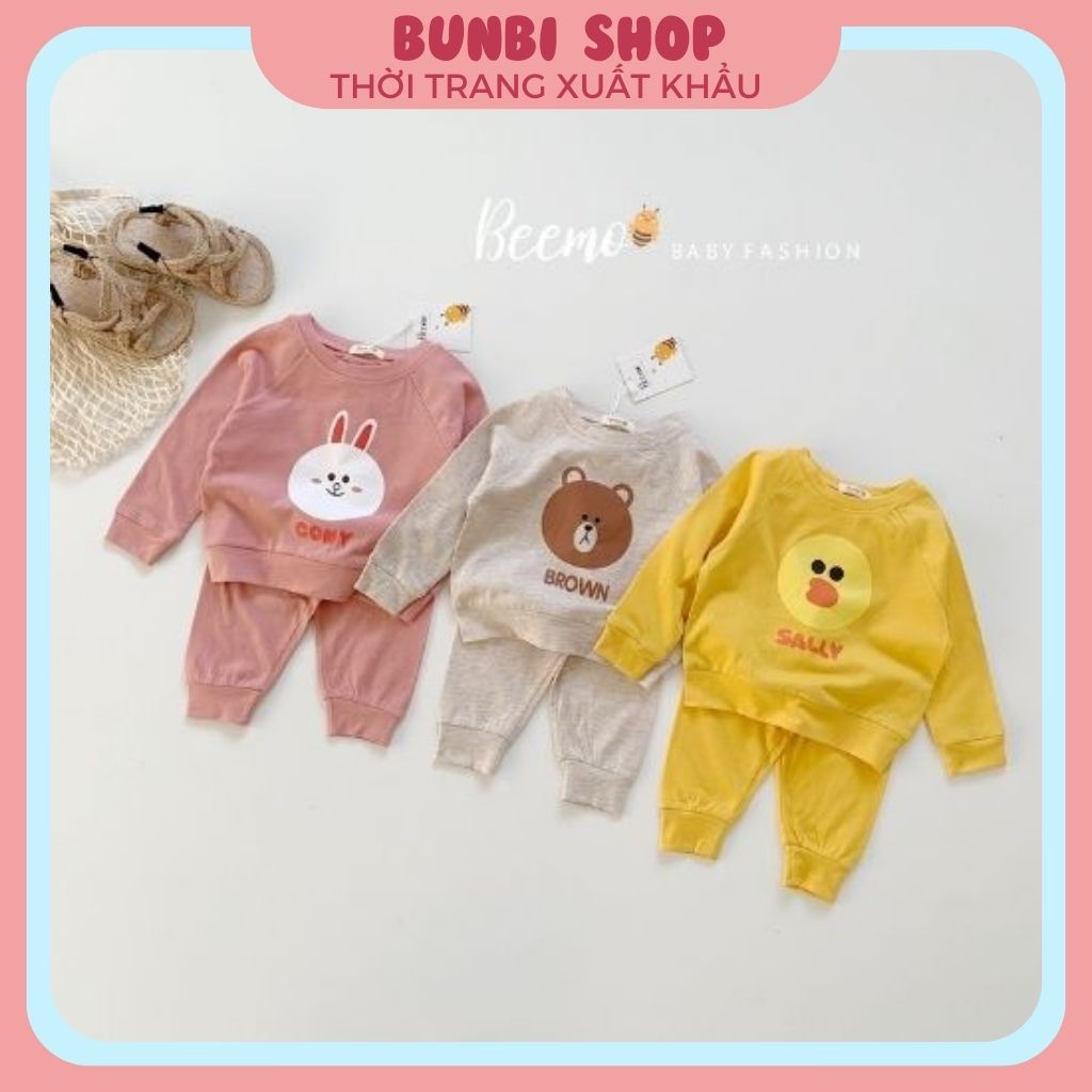 Bộ quần áo dài tay mùa thu vải Cotton cho bé, sét bộ thiết kế Beemo in gấu Brown, thỏ Cony, Vịt Missha đáng yêu