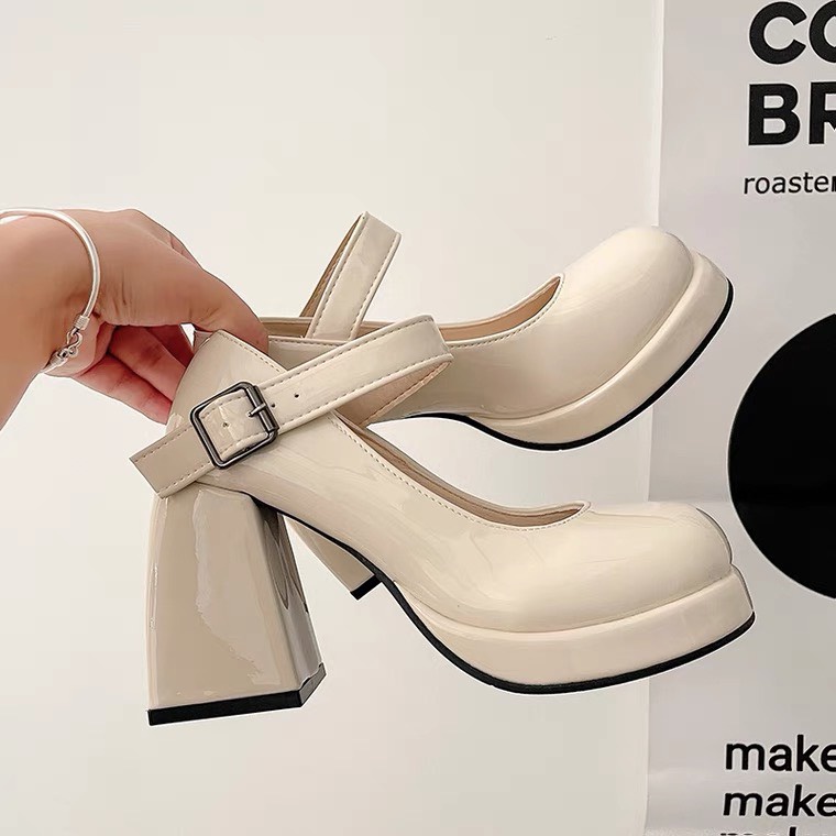 [ SẴN - HỎA TỐC ] Mary Jane màu trắng mũi tròn đế cao 9cm thời trang, Giày cao gót đế vuông, nâng chiều cao, tôn dáng