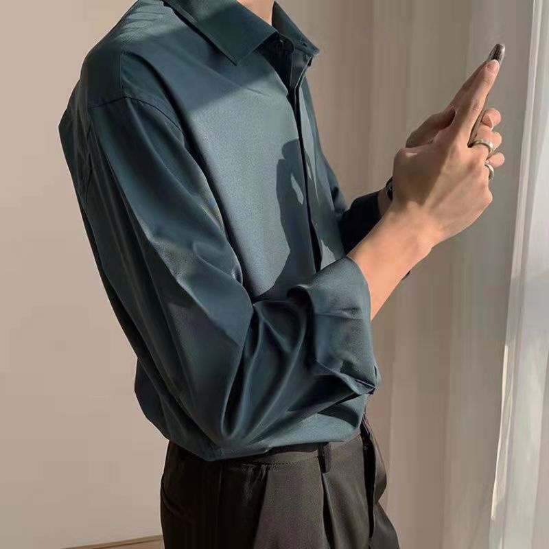 Áo Sơ Mi Trơn Dáng Rộng Thời Trang Hàn Quốc Dành Cho Nam áo sơ mi vintage Sơ Mi Tay Dài Vải Lụa Thời Trang Hàn Quốc Cao Cấp Cho Nam