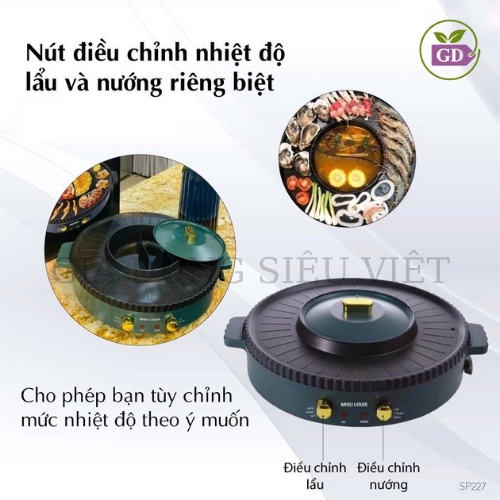 Bếp Lẩu Nướng Đa Năng 2 Ngăn MISU CHÍNH HÃNG 1500W, Có 2 Mâm Nhiệt Chống Dính An Toàn. Bếp lẩu nướng MISU
