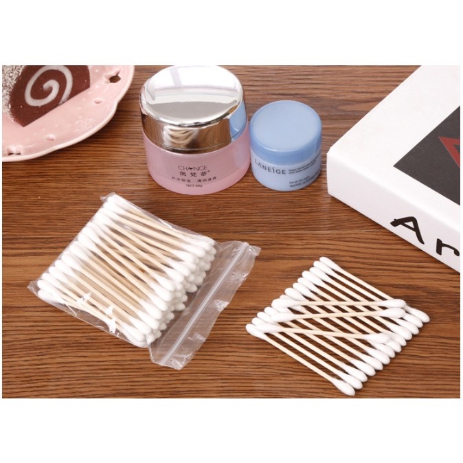 Tăm Bông Ngoáy Tai Túi 100 Que Thân Gỗ