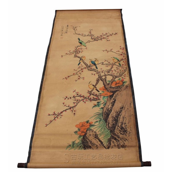 Tranh giả cổ Hoa điểu (mẫu số 2), Tranh giấy xuyến chỉ viền bo lụa size lớn 155 x 74cm
