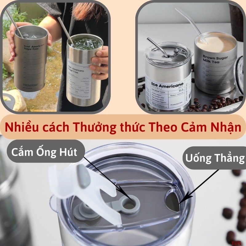 Ly Giữ Nhiệt ICED AMERICANO - Bình Nước Giữ Nhiệt Inox 304 600ml Có Ống Hút
