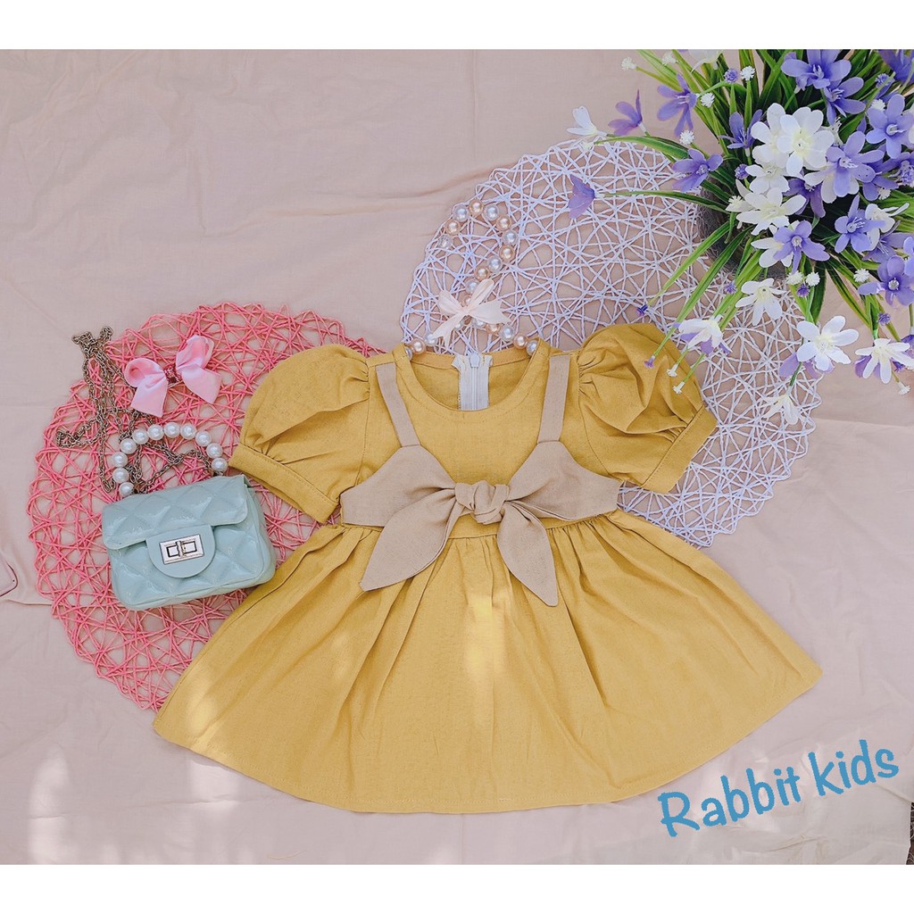 Váy Trẻ Em 💝FREESHIP💝 Đầm Bé Gái Hàng Thiết Kế Cao Cấp - Váy Hè Cộc Tay Linen Vàng Mù Tạt Sang Chảnh Cho Bé