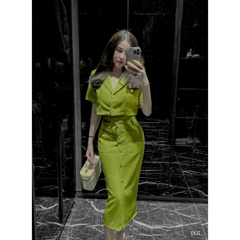 [Set váy sale sốc 50%] Set vá và váy đi dư tiệc sang trọng với áo croptop kiểu nữ kèm chân váy midi có khuy gài
