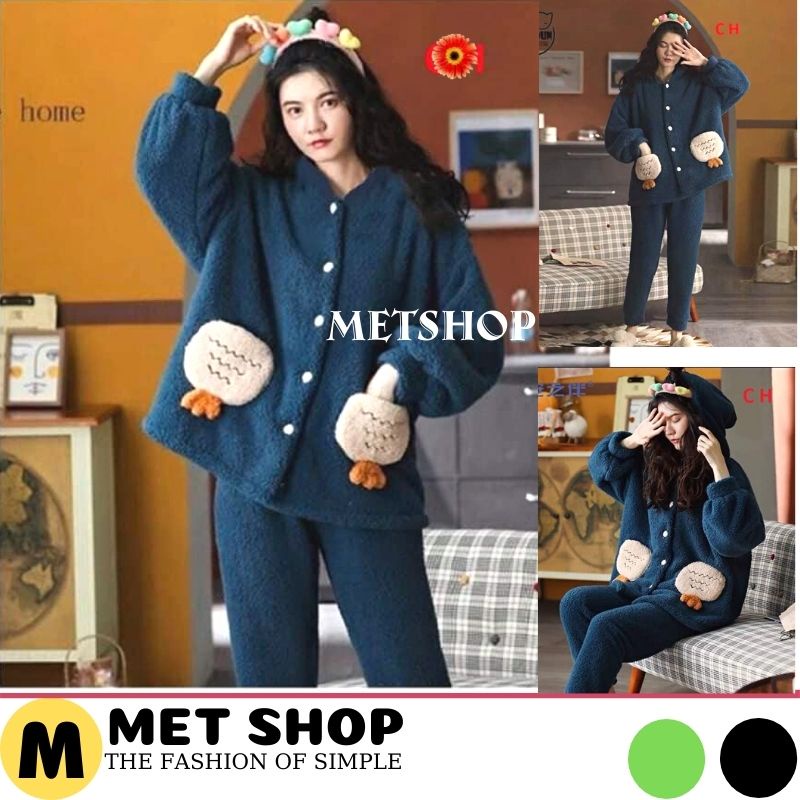 Sét bộ ngủ mùa đông lông cừu túi chân vịt ấm áp, bộ đồ thu đông mặc nhà giữ nhiệt tốt, đồ ngủ nữ hàn quốc.