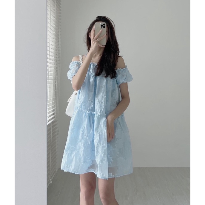 Đầm - Váy babydoll 2 dây hoa nổi dáng xoè, Đầm babydoll trễ vai xếp tầng in hoa nổi
