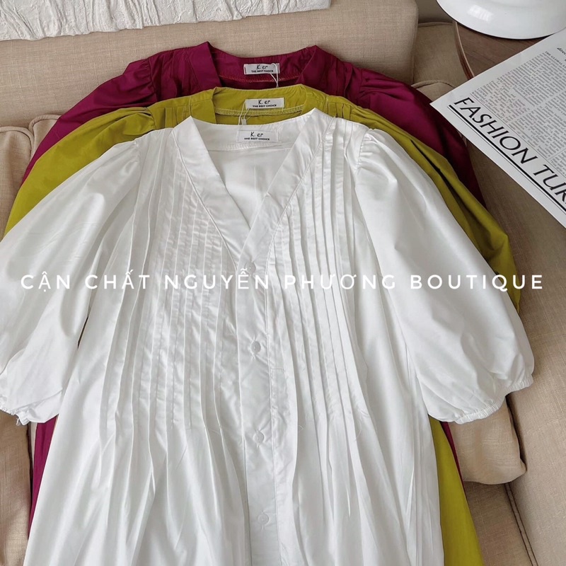 Đầm sơ mi cổ V dập ly ngực dáng dài siêu xinh 3 màu