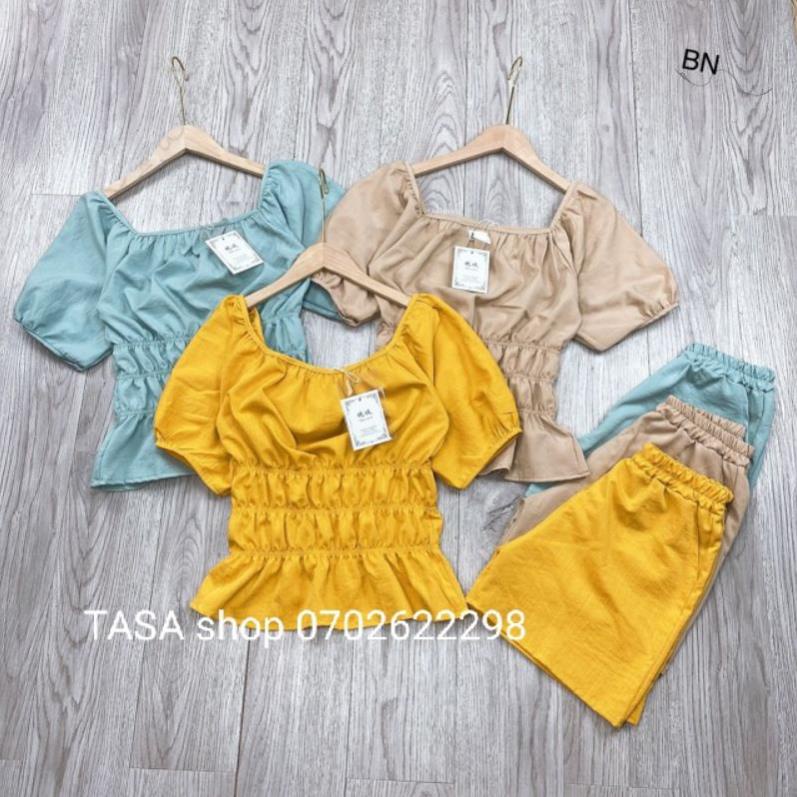TSL-Video ảnh thật, set đũi áo tay lỡ chun eo tay bồng nhún eo xòe bèo phối quần đùi vàng, xanh, nude thời trang nănđộng