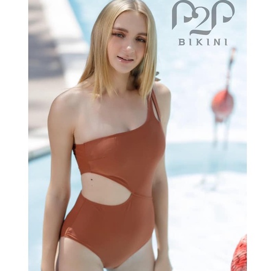 P2P BIKINI - Đồ bơi một mảnh lệch vai cột nơ cut out cam đất - MN370M_LV