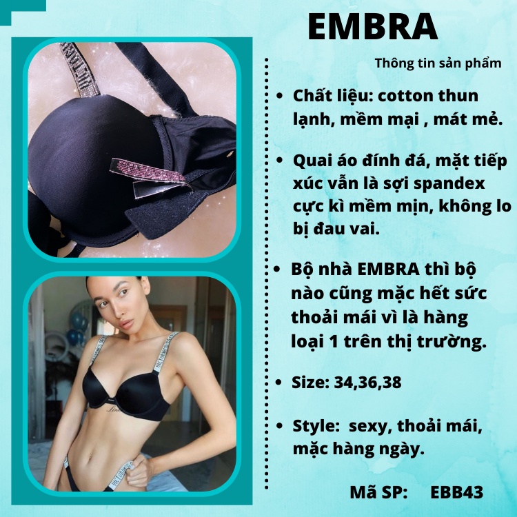 Bộ đồ lót nữ EMBRA VS có gọng quai áo đính đá quần nửa mông sexy mã EBB43