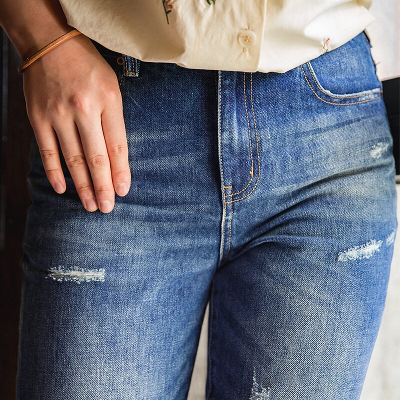 MADEN Quần Jean Rách Dáng Suông Ống Đứng Lưng Vừa Thời Trang Xuân Hè Cho Nữ