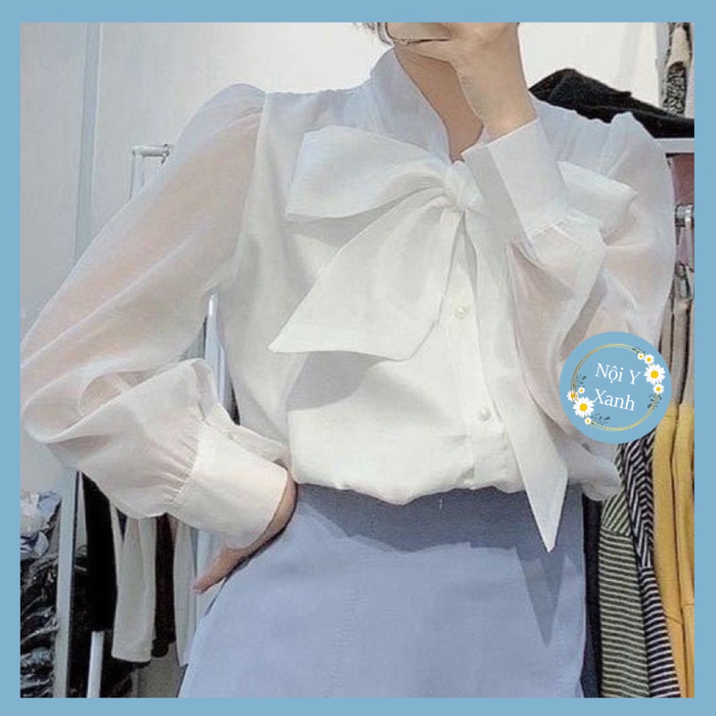 Áo sơ mi tay bồng cổ nơ khuy ngọc tiểu thư 2 lớp mặc tết, đi làm cực xinh mầu trắng, babydoll ulzzang mềm nội y xanh