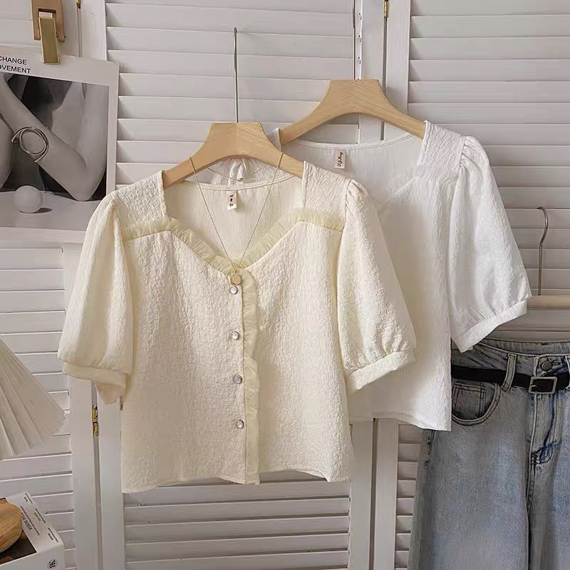 (ẢNH THẬT) Áo tay ngắn nữ viền cổ form đẹp - Áo sơ mi nữ bánh bèo babydoll Thun xốp viền bèo nhẹ, trắng siêu xinh