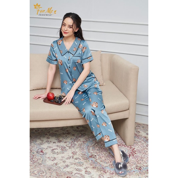 Bộ mặc nhà Lụa Giấy Luxury dáng ngắn tay quần dài Họa Tiết Gấu Bear 10, forme pijamas