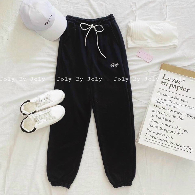 quần jogger nỉ da cá thêu chữ