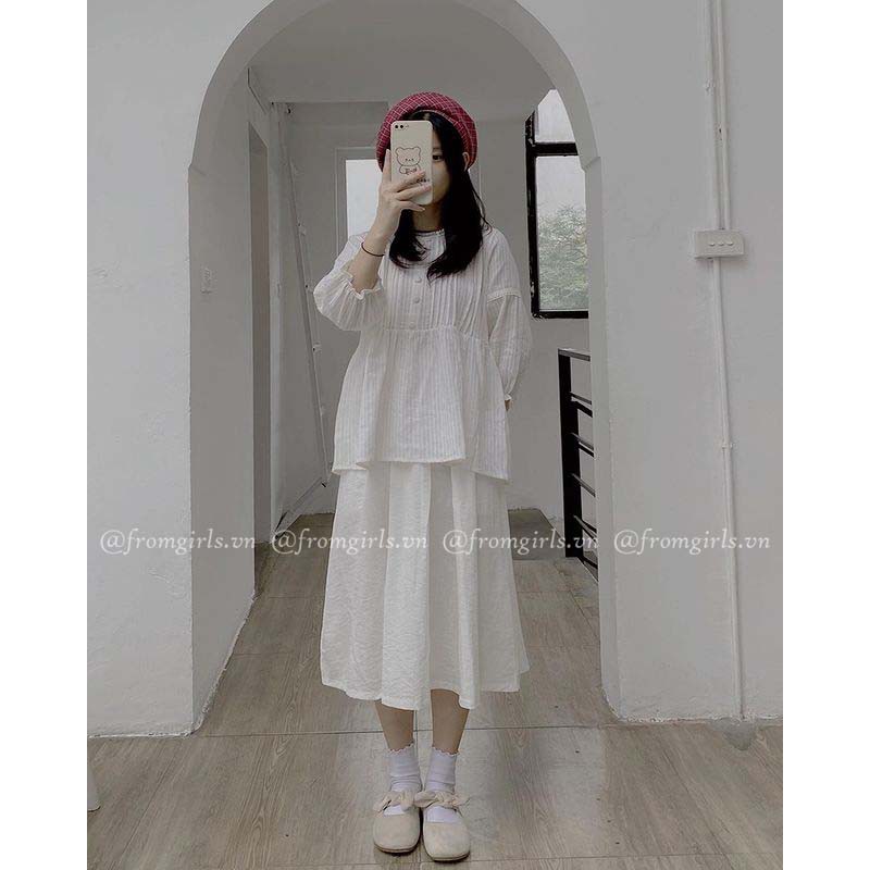 Áo babydoll dài tay xếp ly ngực cúc bọc tay chun vintage  - BBD05FG