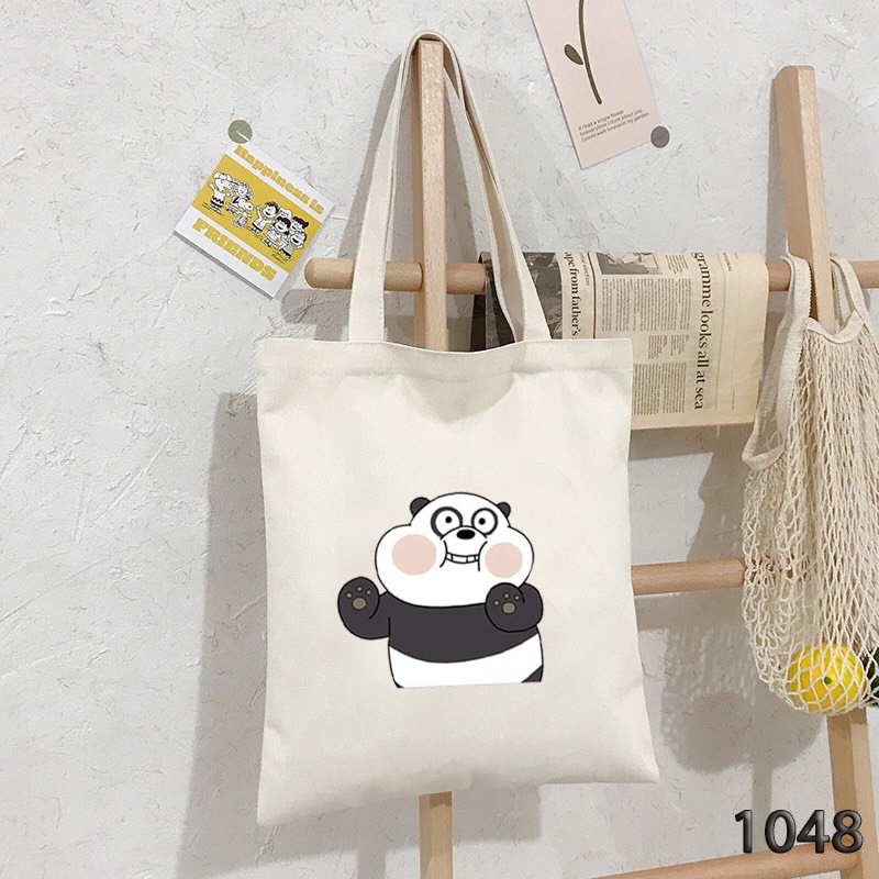 Túi Tote Túi Vải Canvas Mềm In Họa Tiết Panda Mập Dễ Thương 1048 Có Khóa Miệng Đeo Vai Đi Học Cực Xinh