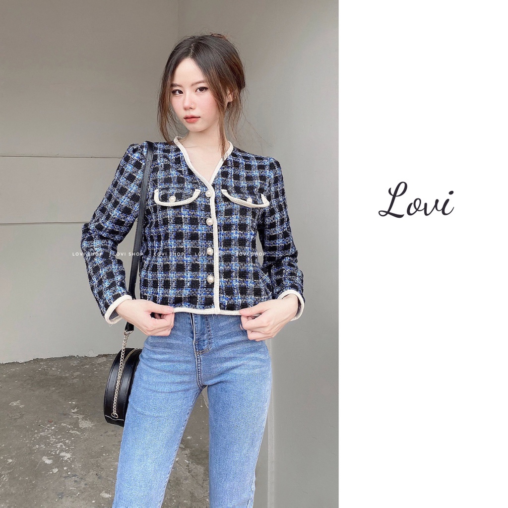 LOVI SHOP - Áo khoác dạ tweed caro tay dài cúc ngọc sang chảnh phong cách Hàn Quốc