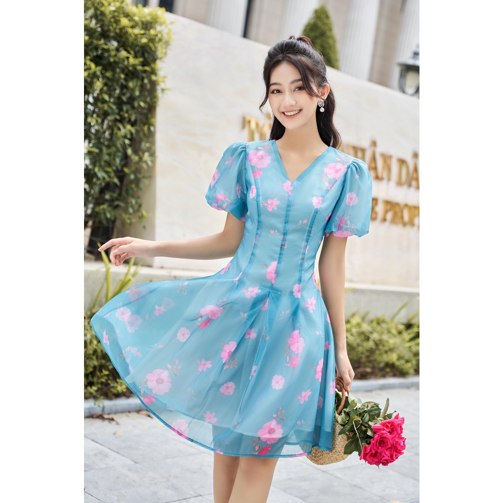 Váy tơ hoa cổ V tay bồng phong cách Hàn quốc chữ A thiết kế tiểu thư nhẹ nhàng màu xanh dương Pansy BlueYAME