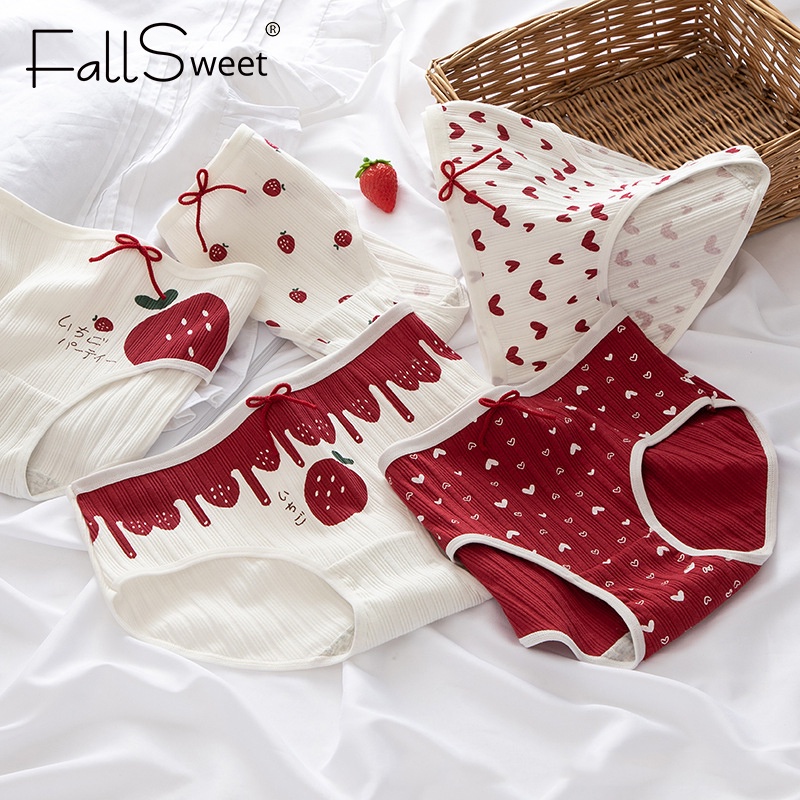 Quần lót nữ FALLSWEET vải cotton mềm cạp vừa in họa tiết đính nơ xinh xắn thời trang