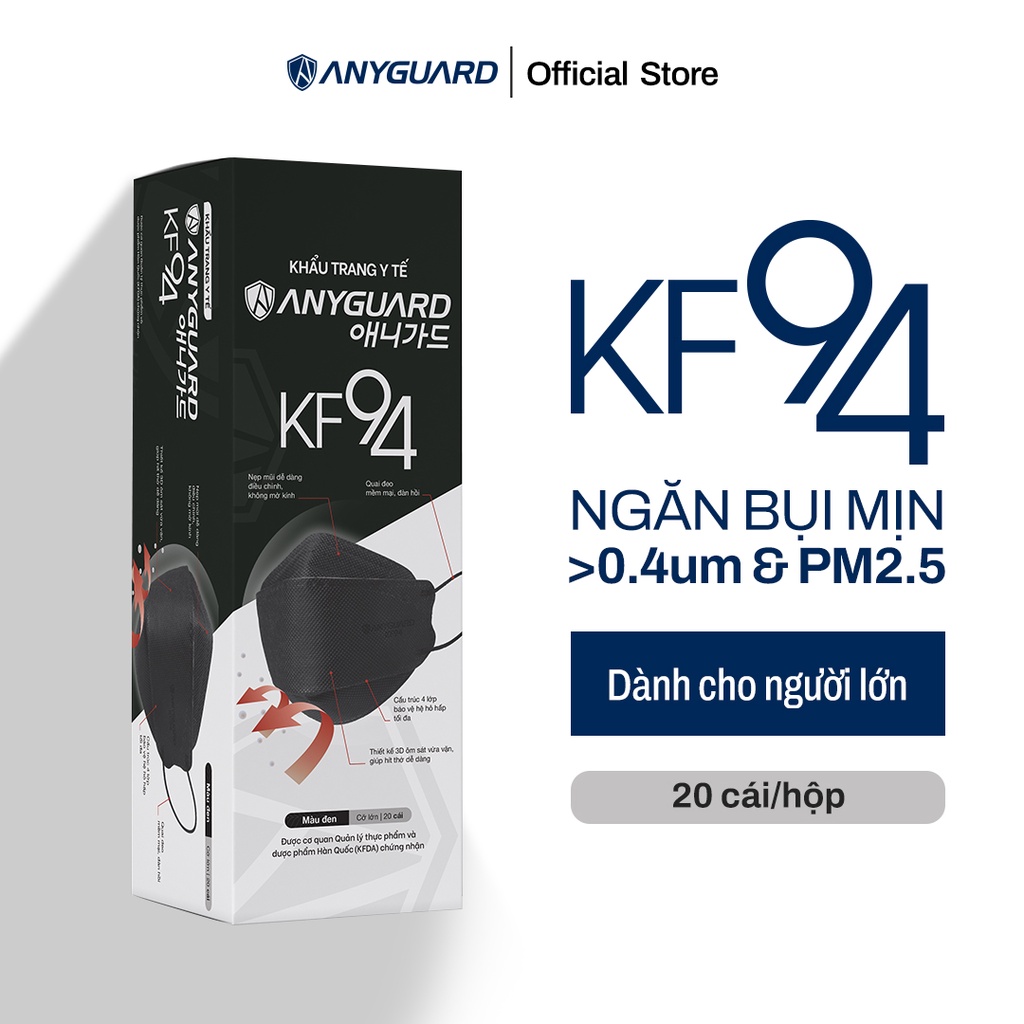 Khẩu Trang Hàn Quốc Ngăn Bụi Mịn Chính Hãng ANYGUARD KF94 Form 3D 4 Lớp An Toàn Cho Da Nhạy Cảm - Màu Đen