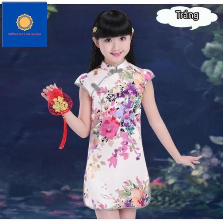 MS: 190316 - Sườn sám cách tân bé gái, in hoa sành điệu, chất phi lụa mềm mịn - Xưởng may Gia Khang