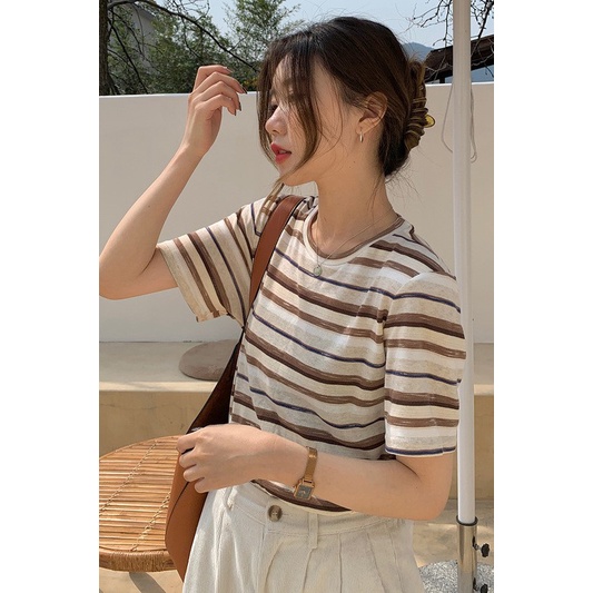 Áo Thun Nữ Tay Ngắn Kẻ Sọc Ngang Màu Sắc Trẻ Trung Thời Trang