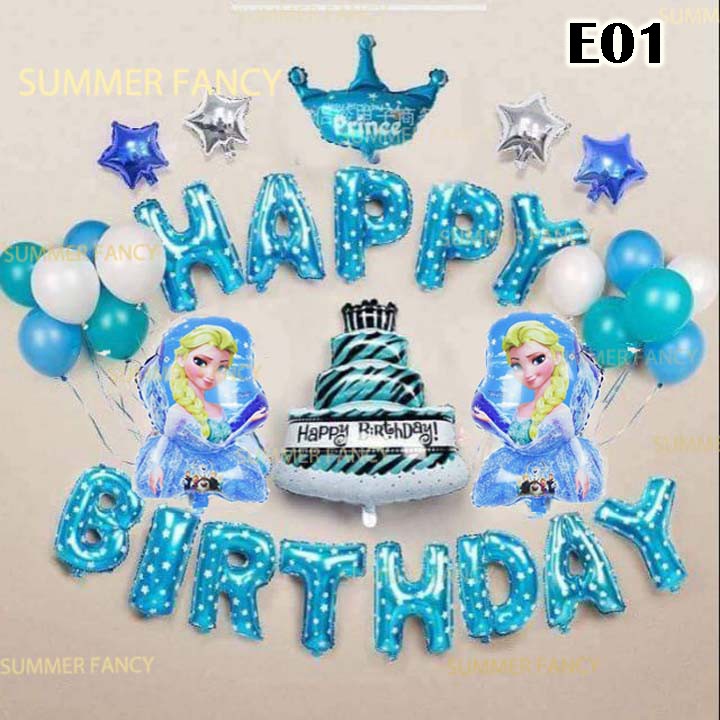 Set bóng công chúa elsa xanh phụ kiện sinh nhật Happy Birthday party decorations bé gái Frozen