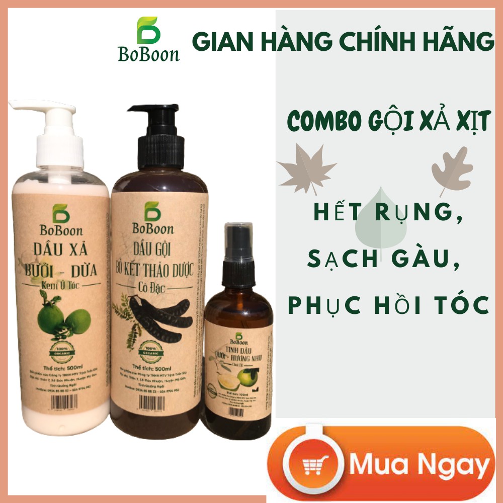 COMBO NGĂN RỤNG TÓC: DẦU GỘI BỒ KẾT THẢO DƯỢC CÔ ĐẶC, DẦU XẢ THIÊN NHIÊN BƯỞI DỪA VÀ XỊT TINH DẦU BƯỞI BOBOON