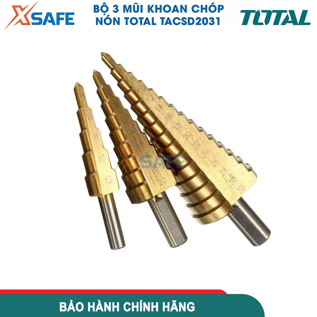 Bộ mũi khoan chóp nón HSS 3 chi tiết TOTAL TACSD2031 4-32mm mũi khoan tháp chất liệu HSS tốc độ cao, mũi khoan bậc thang