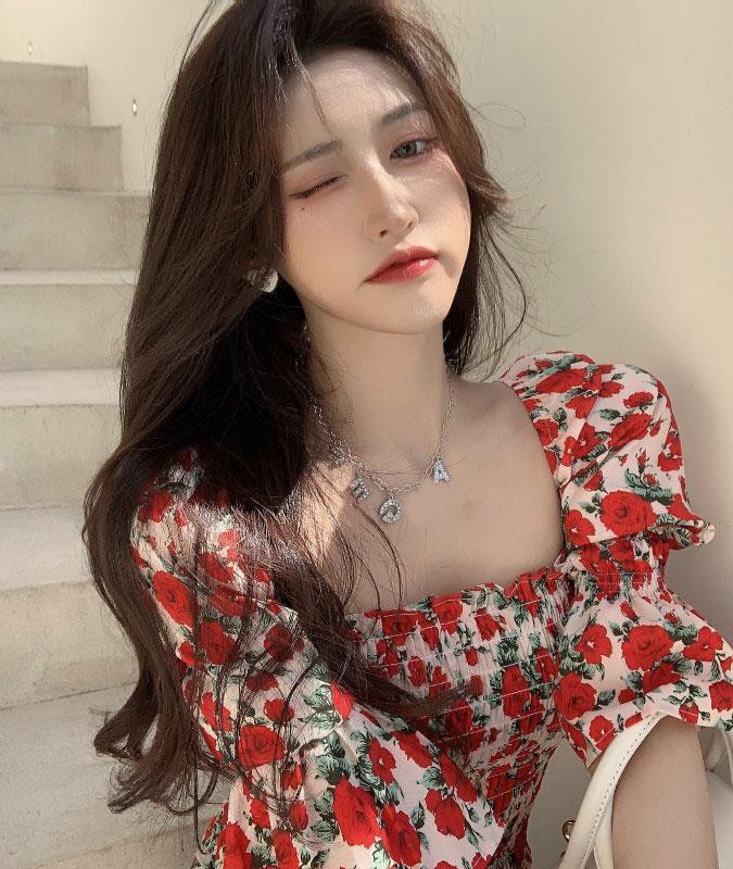 Đầm ôm Ngắn Tay Cổ Vuông In Hoa Thời Trang | BigBuy360 - bigbuy360.vn