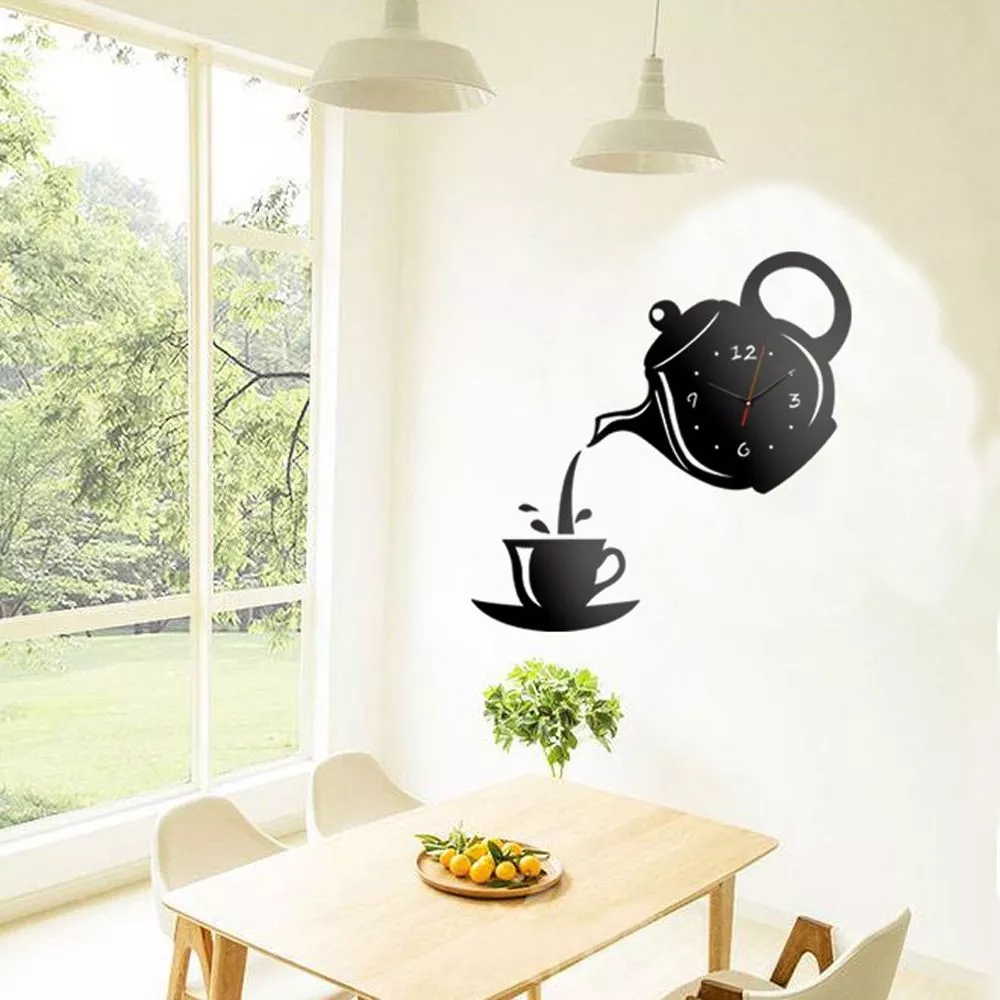 Đồng Hồ Dán Tường 3d Mặt Gương Hình Ấm Trà Sáng Tạo