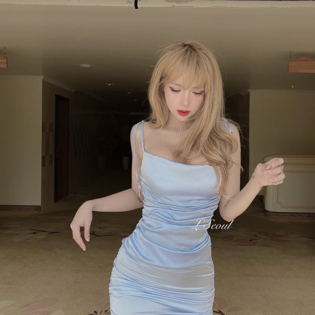 Váy 2 Dây Lụa Dây Rút LSEOUL V0990 Sang Trọng Quyến Rũ Phù Hợp Đi Tiệc