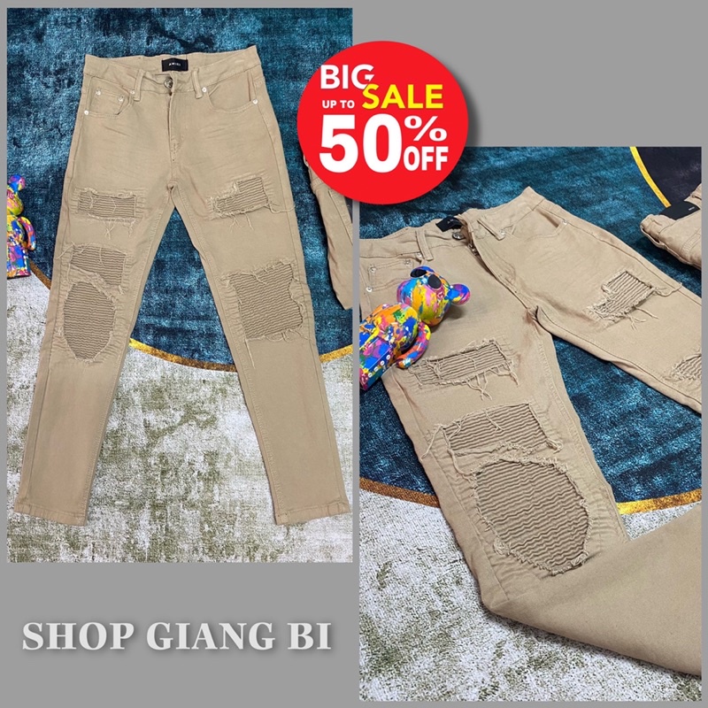 Quần jean nam màu nâu vá nhăn gối,quần bò màu nâu vá nhăn rách xước khâu viền