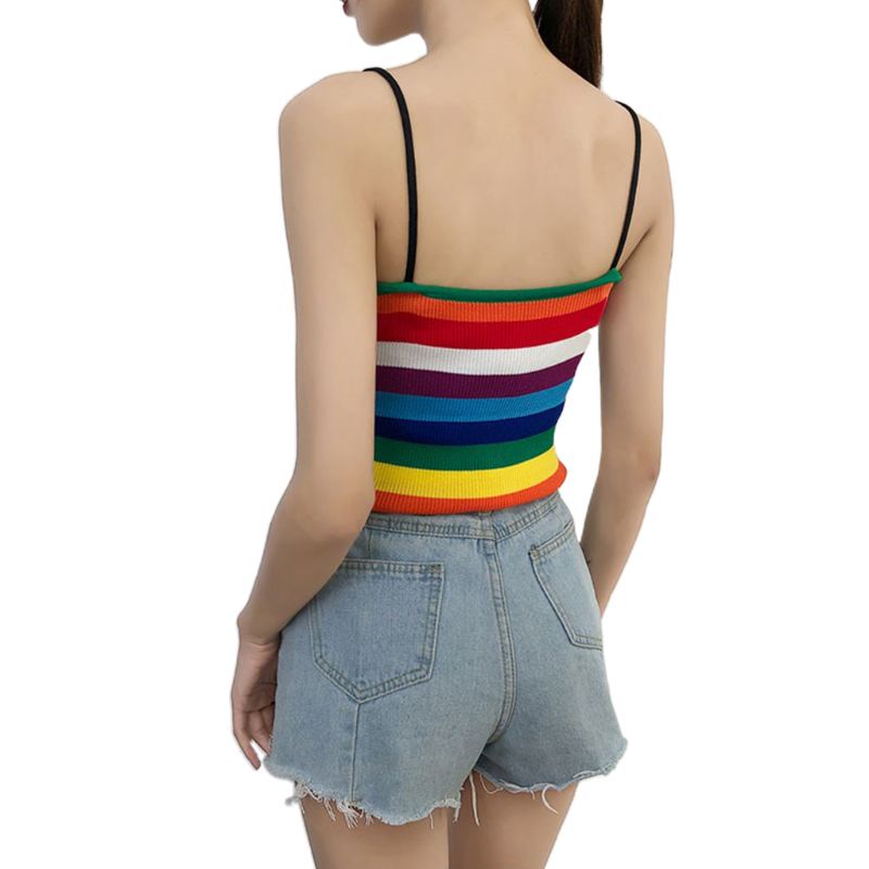 Mary Áo Tank Top Hai Dây Dệt Kim Kẻ Sọc Màu Khối Cầu Vồng Mùa Hè Cho Nữ