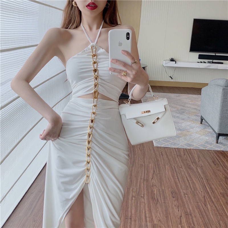 Phụ Kiện Trang Trí Xe Hơi Xinh Xắn Chất Lượng | Đầm Dài Hai Dây Xẻ Tà Cao Phối Dây Xích Thời Trang Kiểu Pháp Thích Hợp Đi Tiệc