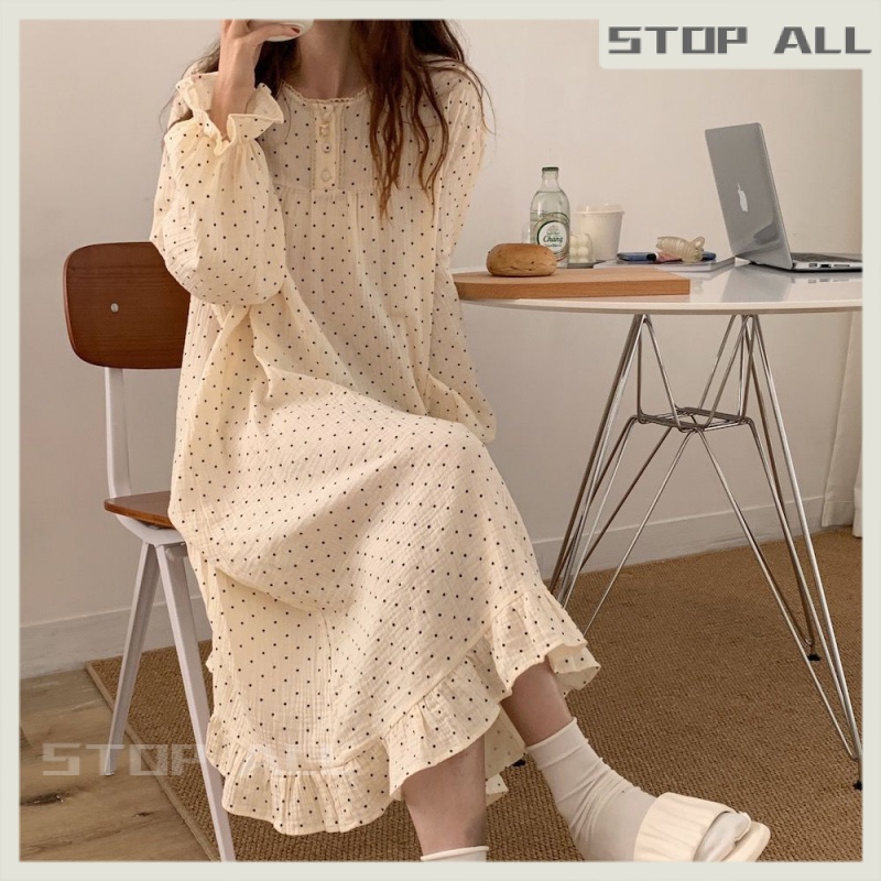 Bộ Đồ Ngủ Một Mảnh Mỏng Một Mảnh Dài Vừa Phải Phong Cách Hàn Quốc Ngọt Ngào Mùa Thu Đông Mặc Ở Nhà