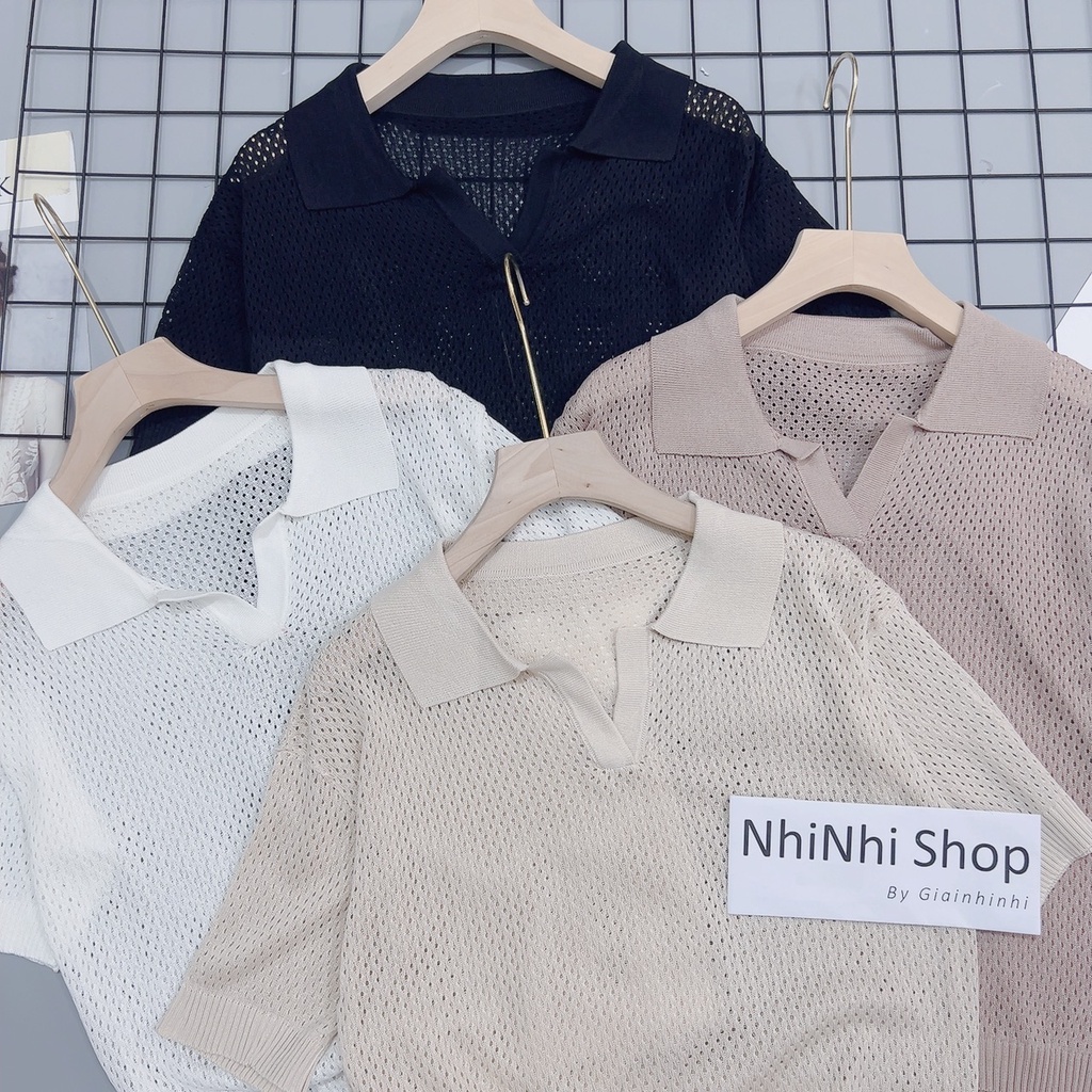 Áo polo len lỗ thưa màu trắng, Áo kiểu len cổ bẻ ngắn tay bo chun AL1379 - NhiNhi Shop