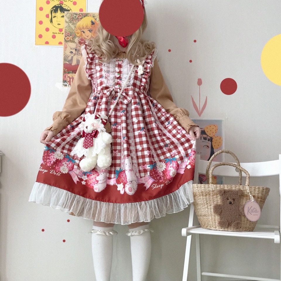 Đầm Lolita Phối Ren Họa Tiết Dâu Tây Xinh Xắn Phong Cách Vintage