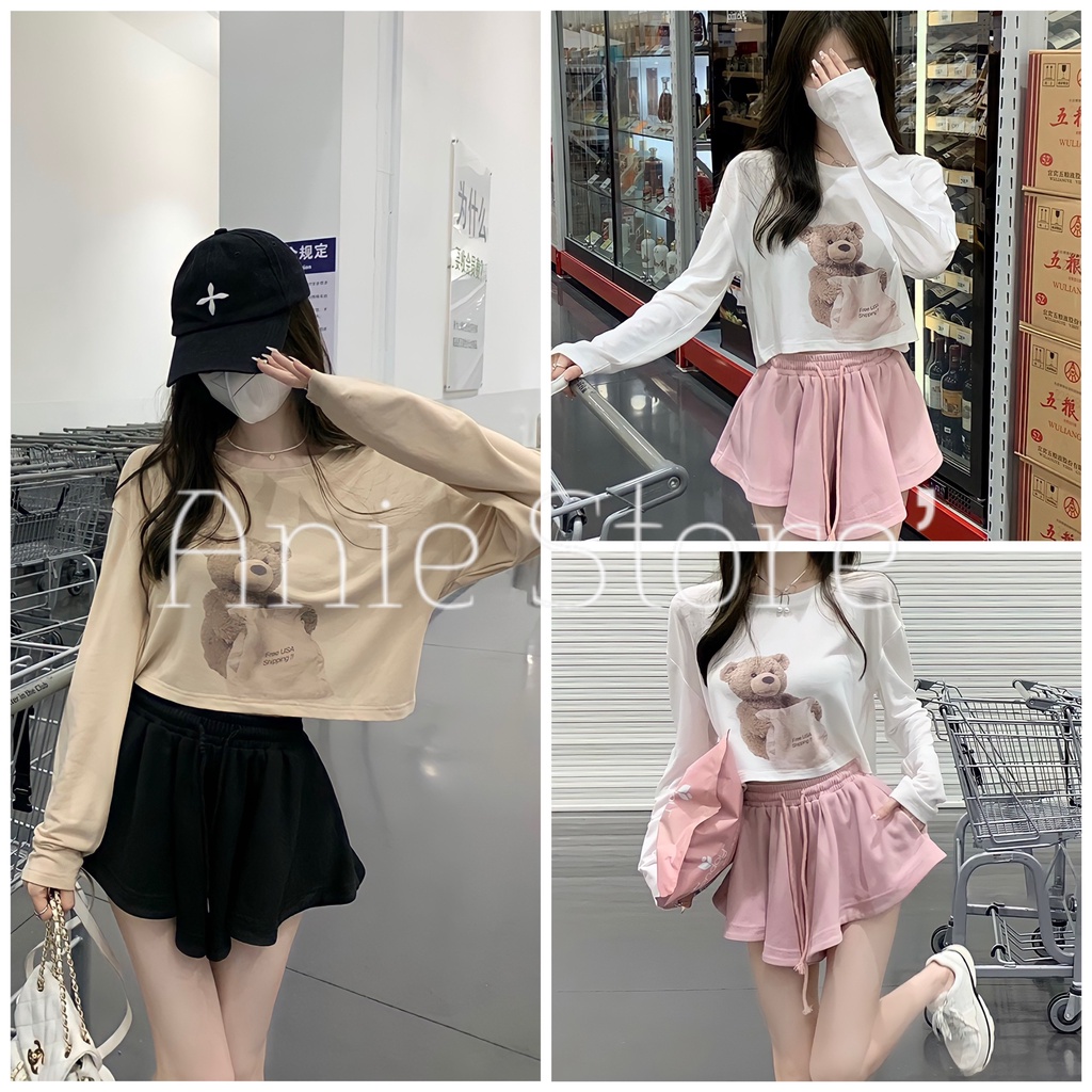 Bộ Áo Thun Hình Gấu Quần Váy 2 Lớp 🦋 Set Áo Dài Tay Nữ Dáng Thụng Kèm Quần Dáng Ngắn 2 Màu 🦋