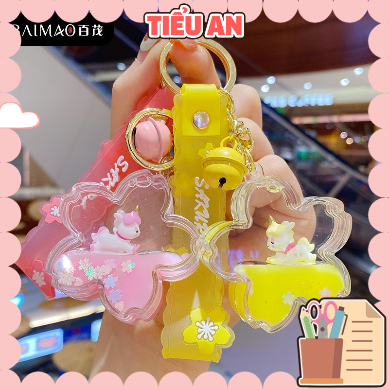 Móc Khóa Hình Hoa Sakura &amp; Bé Kì Lân  (3 chi tiết) kèm dây, phụ kiện balo, túi xách xinh xắn
