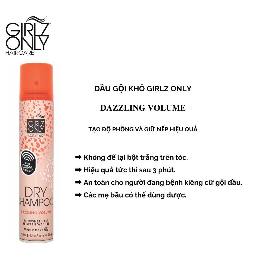Dầu Gội Khô Girlz Only dry shampoo Party Nights / Dawn 'Til Dusk / Dazzling Volume / No Residue Nude 100ml, 200ml